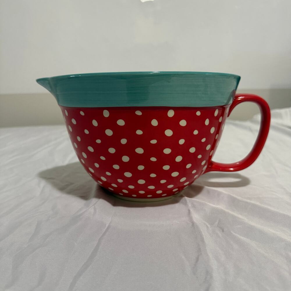 Pioneer Woman Flea Market 2.83 Qt Batter Bowl Red Polka Dot Teal Stoneware